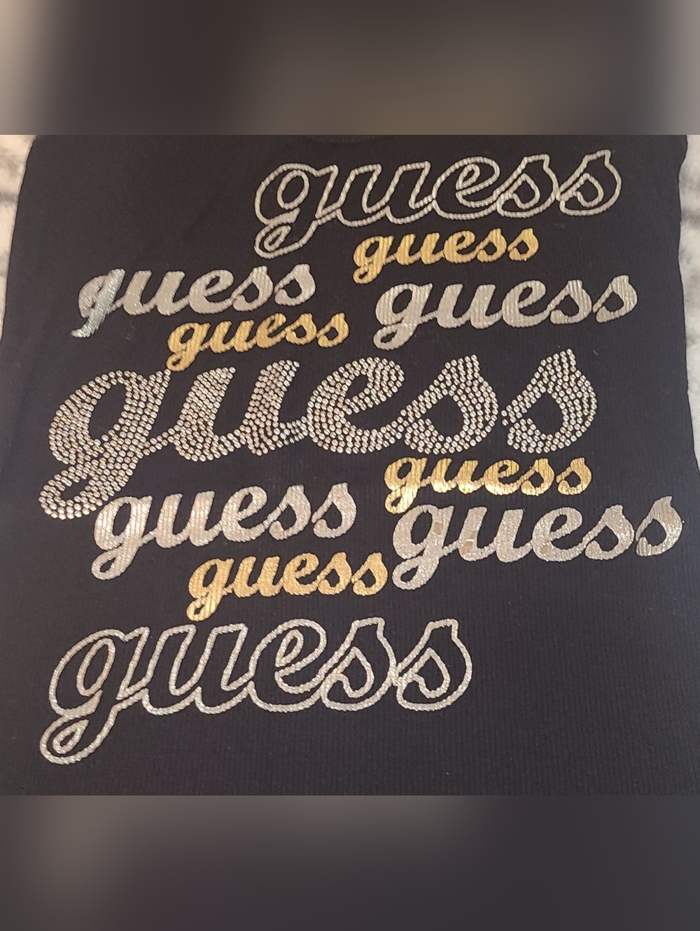 GUESS Black Racerback Tank with Silver and Gold Script Logos - Picture 5 of 5